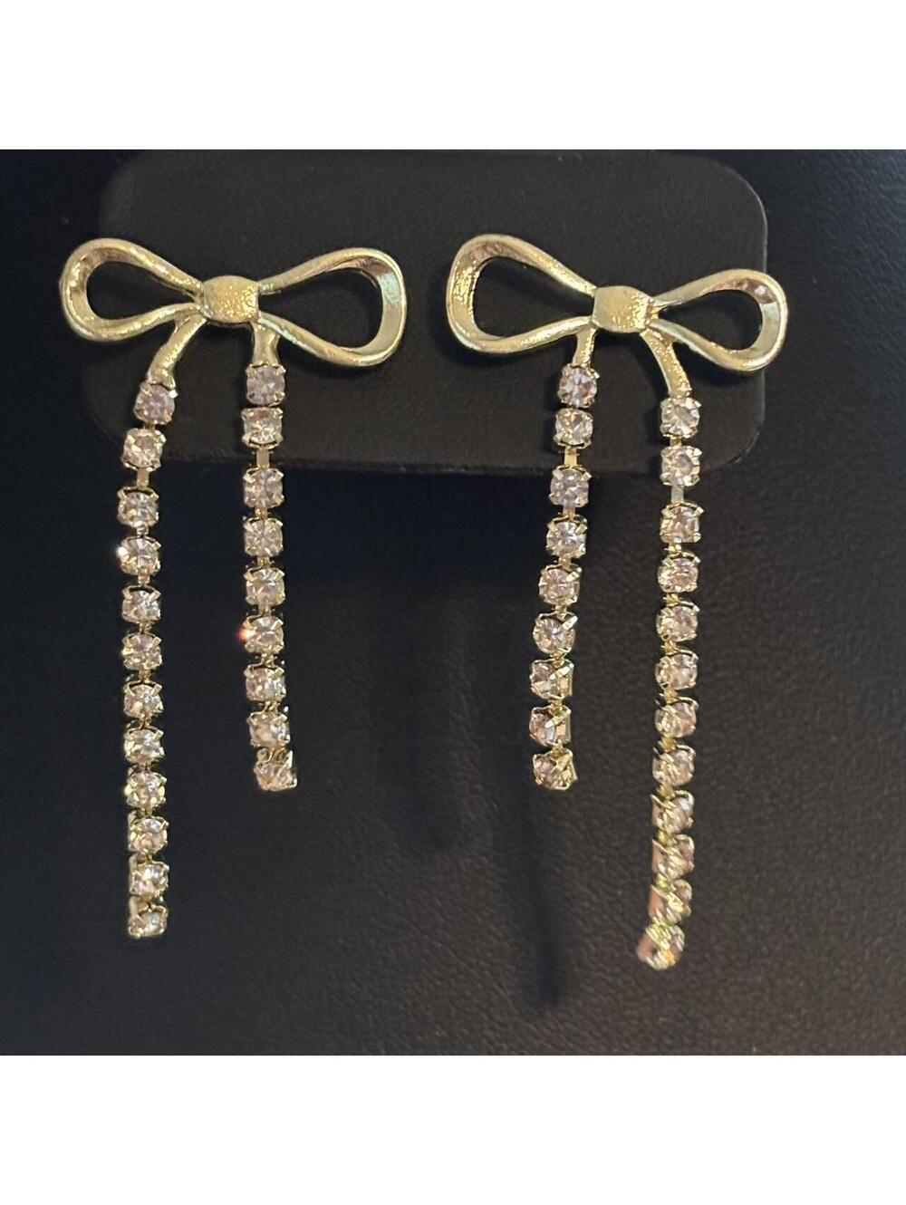 Gold Bow Drop Earrings with Rhinestone Chains